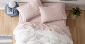 Beddora pink cooling bedding set in a bright bedroom