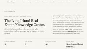 Screenshot of the AndrewRagusa.com Long Island Real Estate Knowledge Center showing 38 practical answers organized into five topic sections.