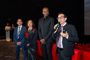 Victor Duong, Kristina Duong, director Errol Webber and David Duong speak with guests during The King of Trash event.