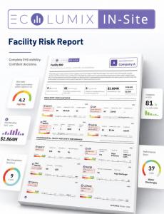 Ecolumix IN-Site Facility Risk Report promotional graphic showing a sample report for 'Company A' with a Risk Index score of 4.2 (High Risk), 81 violations in 2025, $2.864M in total penalties, and performance scores across Safety, Air, Hazardous Waste, an