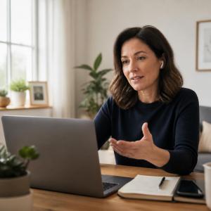 A person participating in a video consultation on a laptop at a home desk.