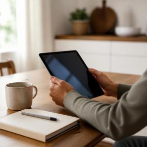 A person's hands holding a tablet at a kitchen table beside a notebook and a cup.