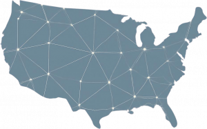 Flat illustration of a United States map overlaid with a network of connecting lines and nodes.