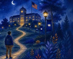 A student looks up the path to campus.