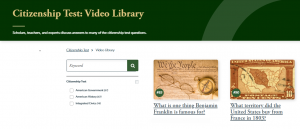 Screenshot of the Gilder Lehrman Institute’s Citizenship Test Video Library featuring educational videos about U.S. history and civics.