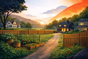 llustration of a rural backyard garden at sunset with raised vegetable beds, tomatoes growing on trellises, wildflowers, and a wooden fence surrounding nearby homes and rolling hills.