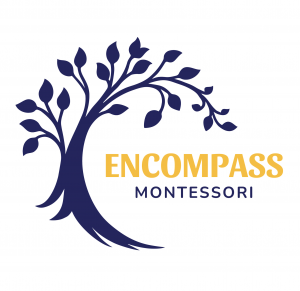 A tree with deep roots around the Encompass Montessori name