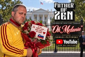 Sergei Putinsky standing outside white house with flowers and first lady of my heart card