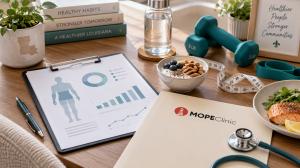 MOPE Clinic lean mass education image with body composition chart, resistance training equipment, hydration, and protein-rich foods