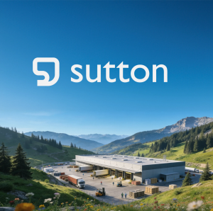 Sutton logo in white on a nature background with a busy warehouse in the distance