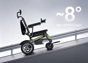 Airwheel H3TS+ power wheelchair folding itself into a compact form for car transport, with the smart control interface and ergonomic seat visible