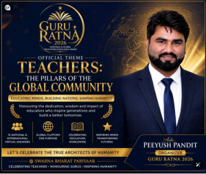 Navy blue and gold Guru Ratna 2026 graphic featuring a portrait of Adv. Peeyush Pandit beside the event theme, “Teachers: The Pillars of the Global Community: Educating Minds, Building Nations, Shaping Humanity.”