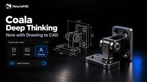 Coala interface showing text, image, and drawing input modes beside a technical drawing and rendered mechanical bracket.