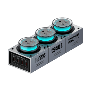 mfish E-Tank 240W GaN desktop charging station in a multi-device workspace