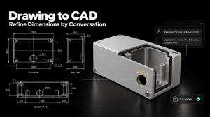 Engineering drawing and rendered enclosure showing a conversational request to increase the hole radius to 8 millimeters.