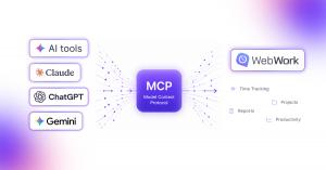 Diagram showing AI assistants Claude, ChatGPT and Gemini connecting through the Model Context Protocol to WebWork time tracking, projects, reports and productivity data