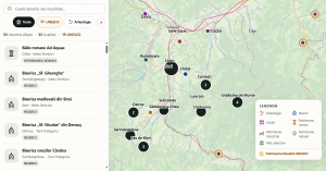 Interactive map of the Heritage Atlas showing UNESCO sites and heritage locations in Transylvania.