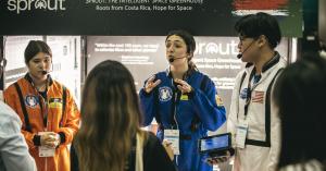 Team Sprout from Costa Rica presents its intelligent space greenhouse project at the World Robot Olympiad International Final in Singapore.