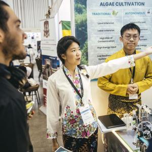 Team SKYLUX from Malaysia presents its autonomous algae cultivation project at the World Robot Olympiad International Final in Singapore.