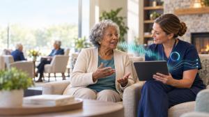 An older adult speaks with a senior-living care professional who captures a 45-second conversational speech sample on a tablet.