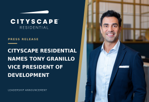 Tony Granillo, newly named Vice President of Development at Cityscape Residential, pictured alongside the company logo.