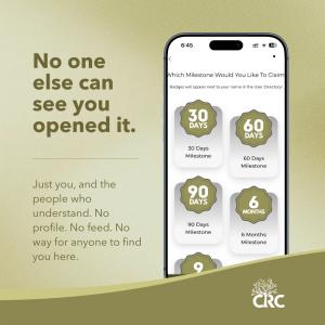 CRC app milestone tracking screen showing 30, 60, and 90 day badges
