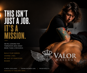 Massage therapist providing clinical bodywork at Valor Massage® in Fayetteville, NC, with recruitment message for trauma-informed massage therapists.