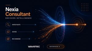 Nexia Consultant decision intelligence graphic showing three capabilities, investigate, advise and recommend, with data streams converging into a single focused target.