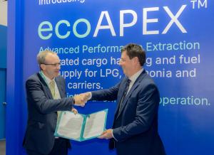 Andy McKeran, Chief Growth Officer, Lloyd's Register (left) presents the AiP to Neale Campbell, Managing Director of Babcock LGE at Gastech 2026