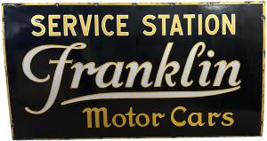 Single-sided porcelain service station sign advertising Franklin Motor Cars, produced circa 1920s, measuring 48 inches by 27 inches, graded in excellent to pristine condition. Sold for $10,200