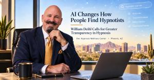 William Deihl, founder of Doc Hypnosis Wellness Center in Phoenix, Arizona, pictured with an AI search graphic about finding hypnotists.