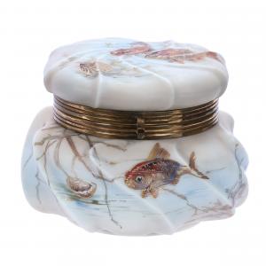 Unmarked Wave Crest swirl mold dresser box in the extremely rare Goldfish pattern, featuring blue and pink tones, 6¼ inches by 6¼ inches by 4¾ inches. Estimate: $3,000-$6,000