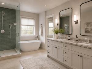 A spa-style primary bath pairs a sage-green tiled walk-in shower with a freestanding tub and a dual-sink vanity.