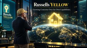 Russells YELLOW founder Russell, wearing a light yellow ball cap and sport coat, looks toward a glowing digital house above a connected world map in a futuristic office with Russells YELLOW branding.