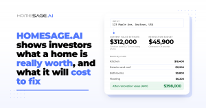 A graphic featuring the Homesage.AI logo with bold blue and black typography on the left, stating “HOMESAGE.AI shows investors what a home is really worth, and what it will cost to fix.” On the right, a rounded card displays a renovation cost breakdown wi
