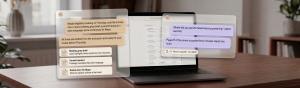 Two chat panels from SageReport's Case Assistant float over a laptop: one drafting a meeting prep brief, parent handout, and social story for a student's eligibility meeting, the other answering a question about a failed hearing screening by citing page 2