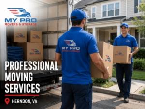 MyProMovers workers unloading cardboard boxes from a moving truck during a relocation in Northern Virginia.