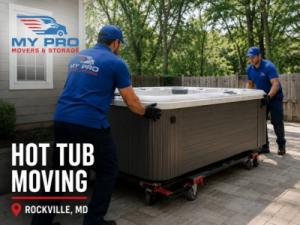 Two MyProMovers workers carefully carrying a hot tub into a residential home during a professional move.