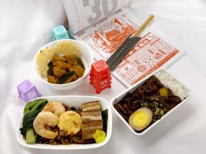 Featured Wenwen x China Airlines dishes: Top, Business Class Mapo Sweet Potato Mochi Gnocchi; middle, Premium Economy Surf and Turf YouFan with sticky rice, seared pork belly, prawn and uni butter; right, Economy Class Lo Ba Beng, Taiwan-style braised por