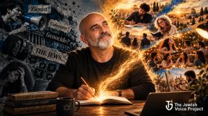 Adam Gilad, founder of The Jewish Voice Project, seated with an open notebook against a warm Jerusalem-inspired creative setting with writers, artists and musicians in the background.
