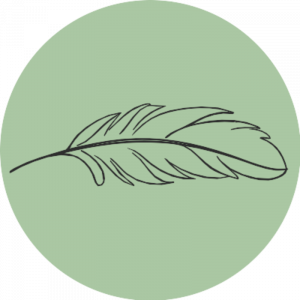 Alma Nature feather logo on a sage green circle