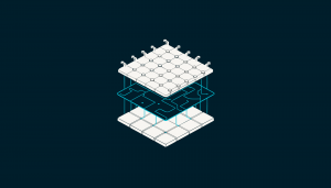 Layered isometric diagram showing a communications layer, a routing layer and a settlement layer connected as a single stack.