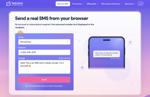 TextJuice SMS form with recipient number and message fields alongside a live phone preview.
