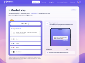 TextJuice checkout showing payment options, the total price, and a preview of the SMS to send.