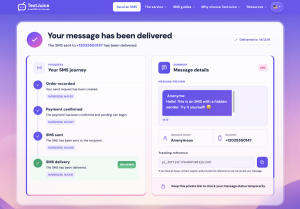 TextJuice tracking page showing payment confirmation, sending progress, and successful SMS delivery.
