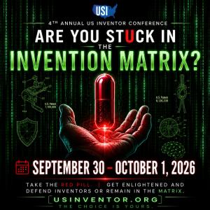 Promotional graphic for US Inventor’s 4th Annual Conference, “Are You Stuck in the Invention Matrix?,” taking place September 30 through October 1, 2026, featuring a red pill in a hand against a green digital matrix background.