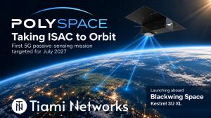 Illustration of the PolySpace mission showing a Blackwing Space Kestrel 3U XL nanosatellite in low Earth orbit sending sensing beams toward Earth. Text reads “Taking ISAC to Orbit” and “First 5G passive-sensing mission targeted for July 2027.”