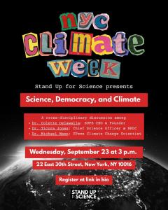 A flyer for the SUFS Panel Discussion at NYC Climate Week, with the panel title and information displayed.