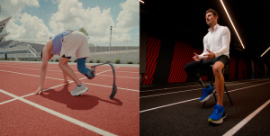 Athlete stands on the start line of a race track, athlete sits on a chair inside a gym