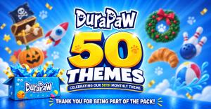 DuraPaw 50 Themes celebration graphic with gold lettering, a blue DuraPaw Box and illustrations inspired by past monthly themes.